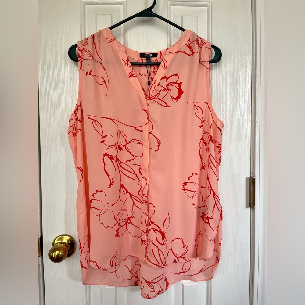 NYDJ Pink and Red Pleated Blouse with Mandarin Collar - Picture 4 of 9